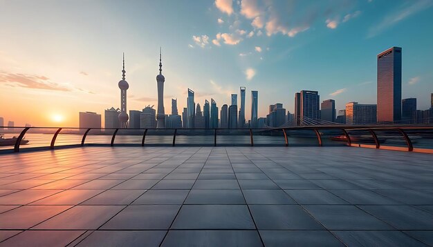 Photo empty square floor and bridge with city skyline at sunset in shanghai background wallpaper photo