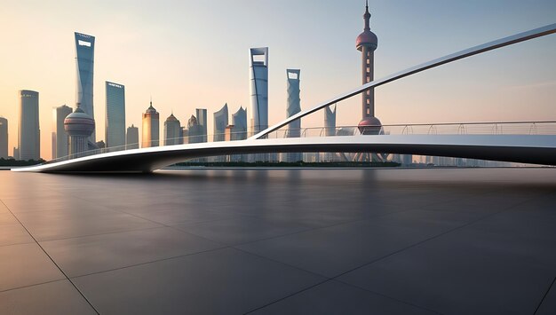 Photo empty square floor and bridge with city skyline at sunset in shanghai background wallpaper photo