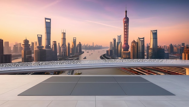 Photo empty square floor and bridge with city skyline at sunset in shanghai background wallpaper photo