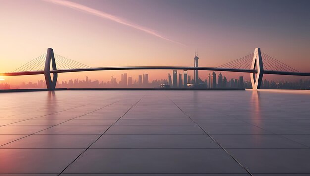 Photo empty square floor and bridge with city skyline at sunset in shanghai background wallpaper photo