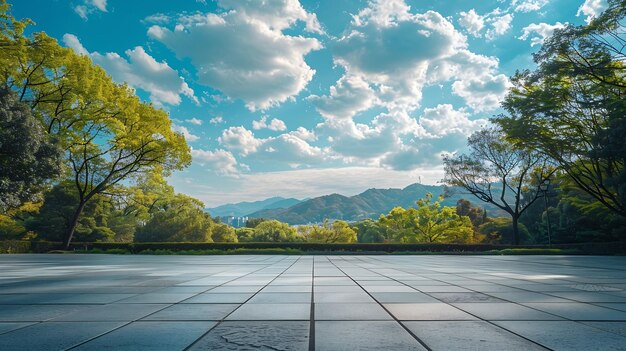 Photo empty square floor and green forest with sky clouds background panoramic view generative ai