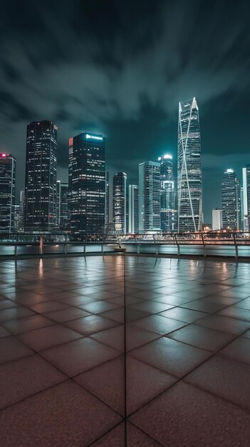 Photo empty square floor and modern city skyline at night