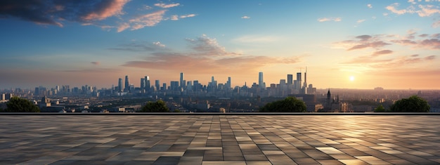 Empty square floor and modern city skyline panorama at sunset