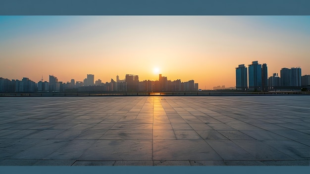 Empty square floor and modern city skyline with buildings at sunset in Ningbo Zhejia Generative AI