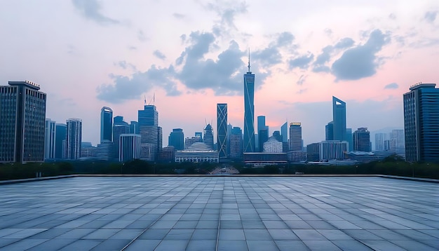 Photo empty square floors and city skyline with modern buildings at dusk in panoramic view background