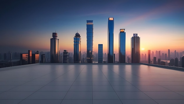 Empty square floors and city skyline with modern buildings at dusk in Panoramic view background