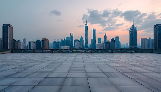 Empty square floors and city skyline with modern buildings at dusk in Panoramic view background