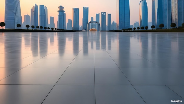 Empty square floors and city skyline with modern buildings at dusk in Panoramic view background