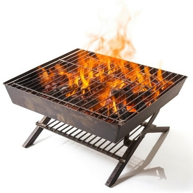 Empty square grill with massive flames from coal isolated on White Background