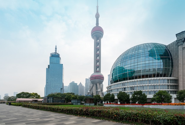 Empty square and skyscraper in Shanghai financial center, China