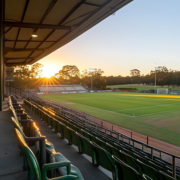 Empty Stadium Seats with a Sunset View