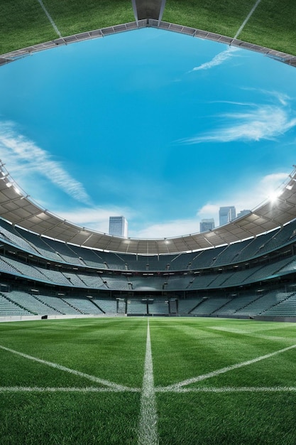 An empty stadium with a blue sky and a white line of seats