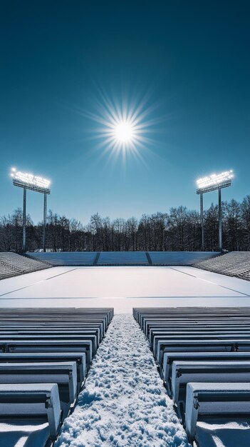 Photo an empty stadium with snowcovered seats and a bright sun shining down from a blue sky represe