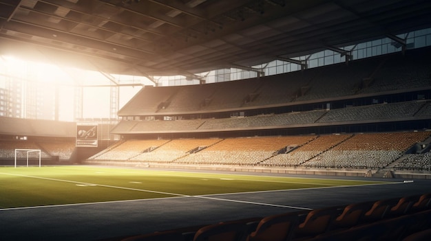 Empty stadium with a soccer field and the sun shining on the ceiling.