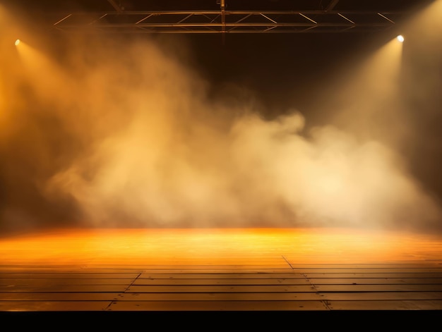 empty stage background podium scene spotlight backlight fog clouds smoke photo orange