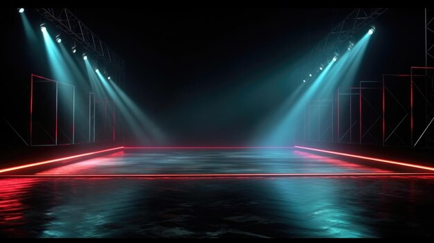 empty stage background scene podium backstage light beams spots sofits backlight smoke fog colored