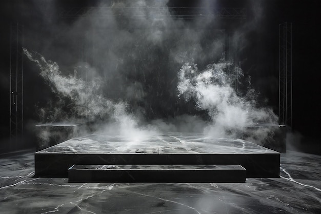 Empty stage in a dark room with smoke and fog