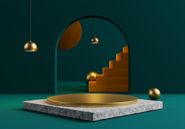 Empty stage illuminated by a Hanging spotlight Golden stair and golden podium on Marble Basement