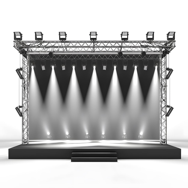 empty stage lit up in various lights isolated on white background space for captions