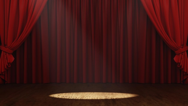 Empty Stage theater or opera with red curtain and Spotlight 3D rendering