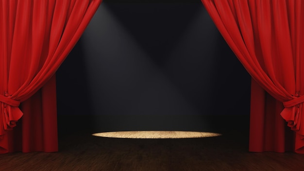 Empty Stage theater or opera with red curtain and Spotlight 3D rendering