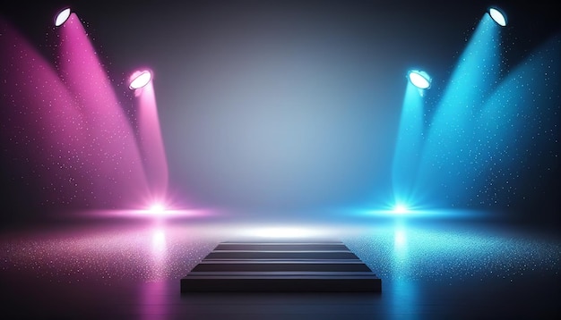 Empty stage with blue and pink lamps and specks of light on the floor