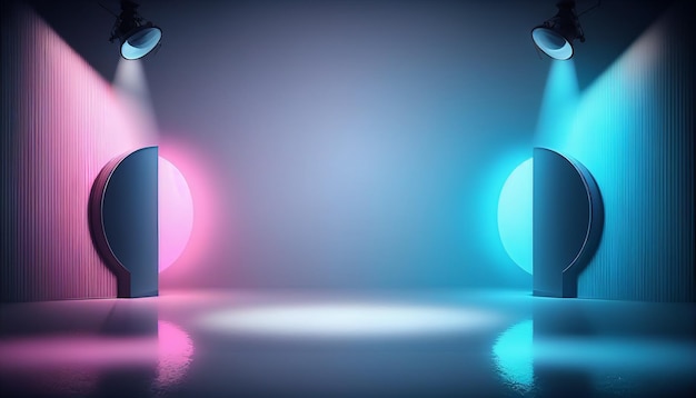 Empty stage with blue and pink lamps and specks of light on the floor