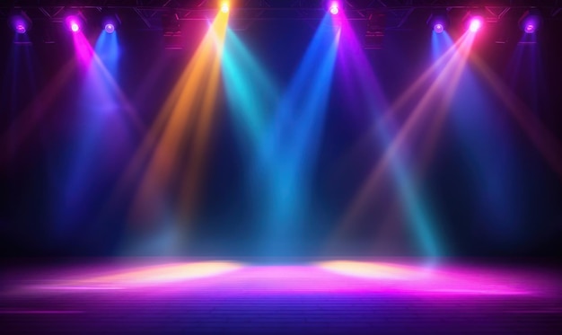 Empty stage with colorful spotlights Scene lighting effects