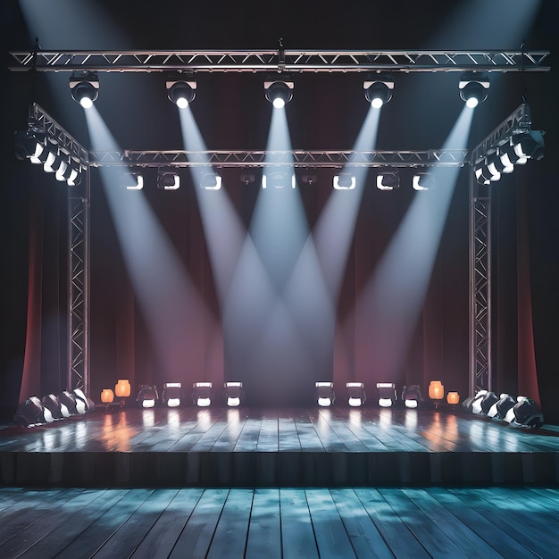 Empty stage with lighting equipment on a stage Spotlight shines on the stage 3d rendering