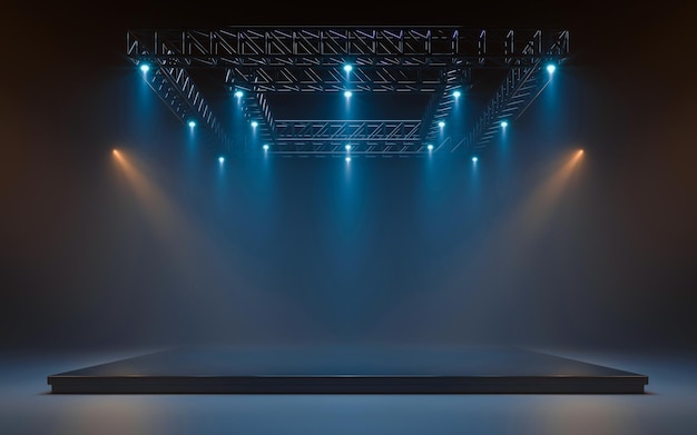 Empty stage with lighting equipment on a stage Spotlight shines on the stage 3d rendering