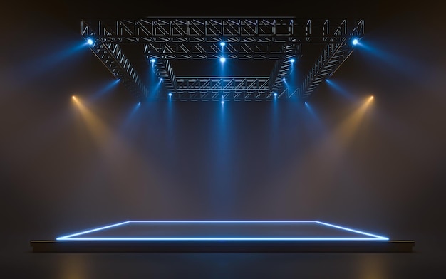 Empty stage with lighting equipment on a stage Spotlight shines on the stage 3d rendering