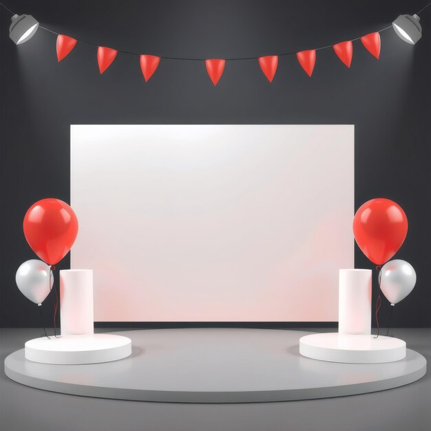 Photo empty stage with red and silver balloons and blank white sign