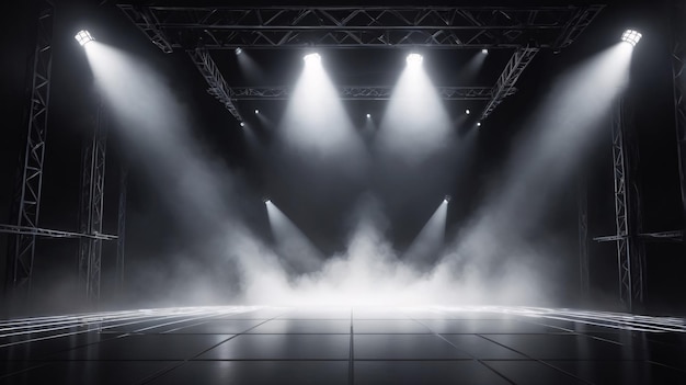 Empty stage with spotlights and smoke banner background with copy space