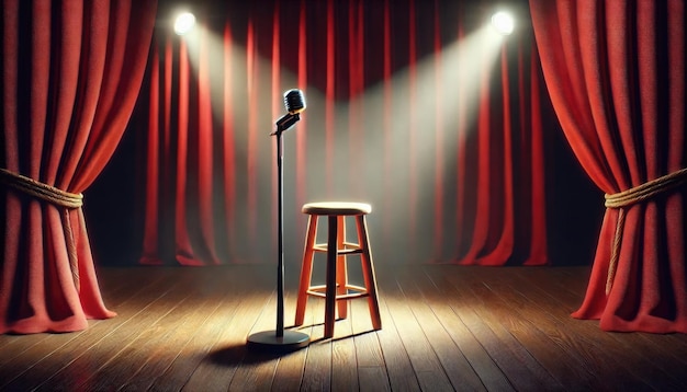 Photo an empty stage with a stool and a microphone stand under a spotlight the stage is dimly lit with a bright spotlight focus with red curtains