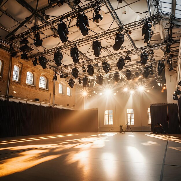 Photo empty stage with sunbeams and lighting equipment