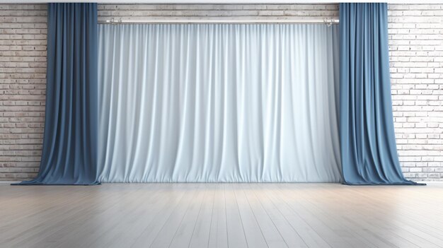 Empty stage with white brick wall and blue curtains