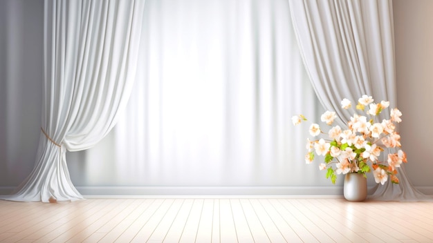 Empty Stage with white curtains and flower vase template