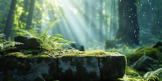 Empty stone pedestal overgrown with moss in a sunny forest