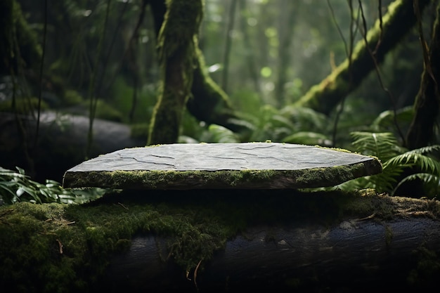 Empty stone platform in the forest with moss and ferns