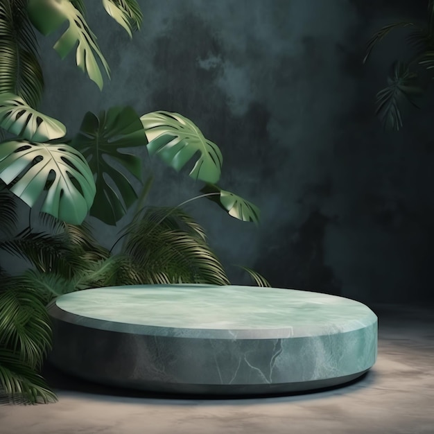 Empty stone podium with nature tropical leaves