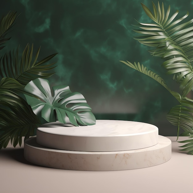 Empty stone podium with nature tropical leaves