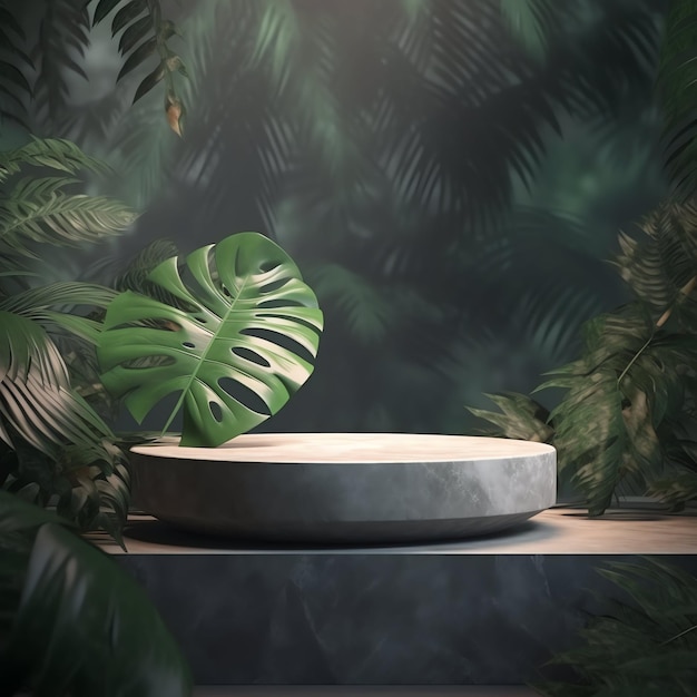 Empty stone podium with nature tropical leaves