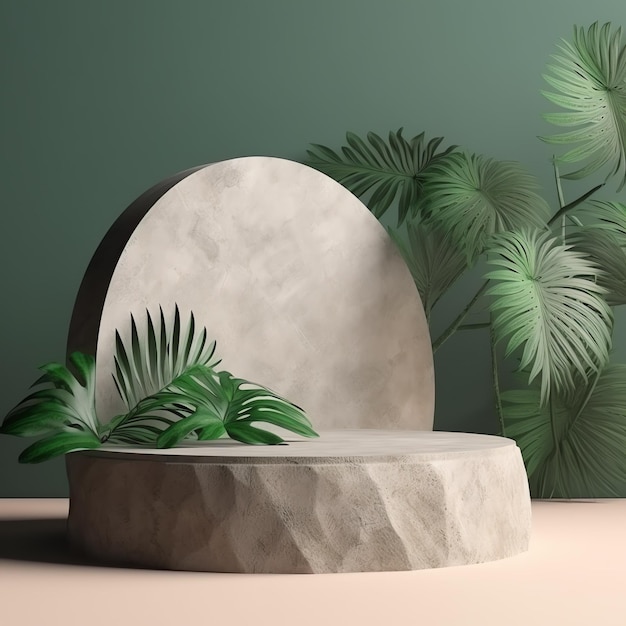 Empty stone podium with nature tropical leaves