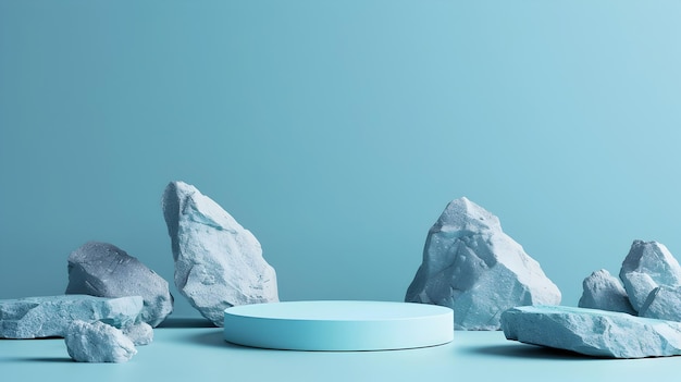 Empty Stone Slab Podium Surrounded by Minimal Rock Formations for Product Presentation