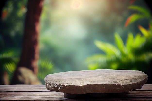 Empty stone table for product advertising display in fresh green jungle