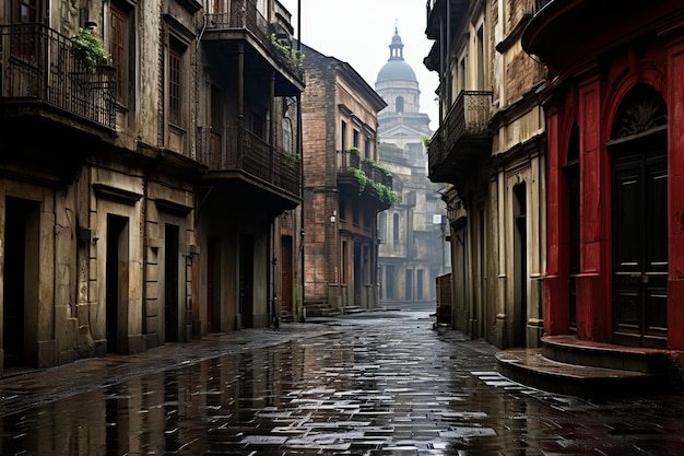 an empty street in a city on a rainy day