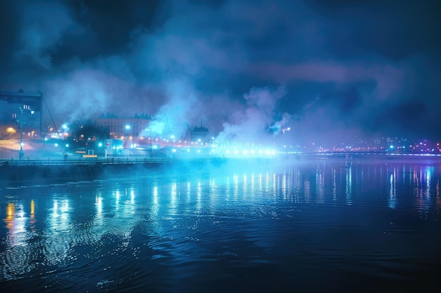 Empty street at night with river clouds in sky and light reflections on water Smoky fog