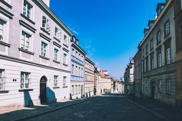 Empty street in the Old Town in the center of Warsaw, Poland