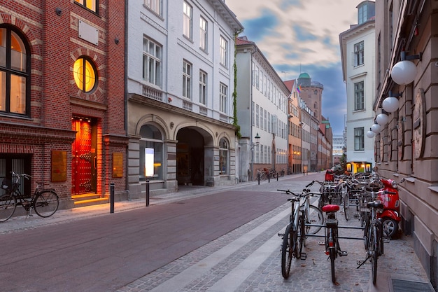 Empty street and round tower rundetaarn in the morning copenhagen capital of denmark