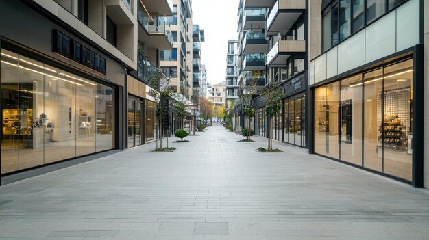 Photo empty street with modern buildings and shops